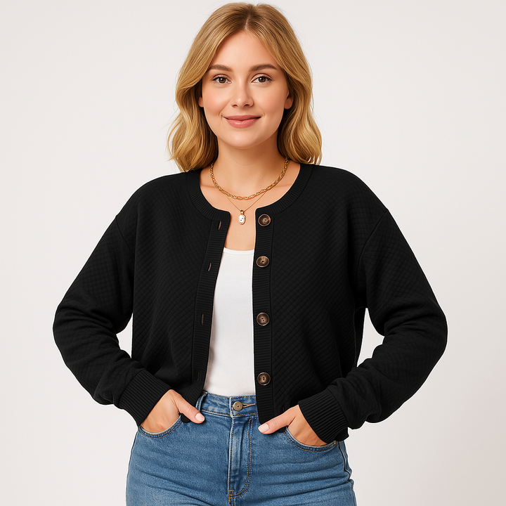 Drune | Strukturierter Button-Cardigan Grau, Schwarz, Aprikose Minimal Chic Stil