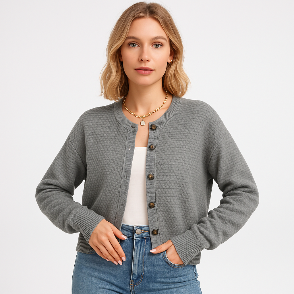 Drune | Strukturierter Button-Cardigan Grau, Schwarz, Aprikose Minimal Chic Stil