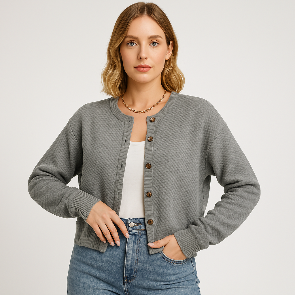 Drune | Strukturierter Button-Cardigan Grau, Schwarz, Aprikose Minimal Chic Stil