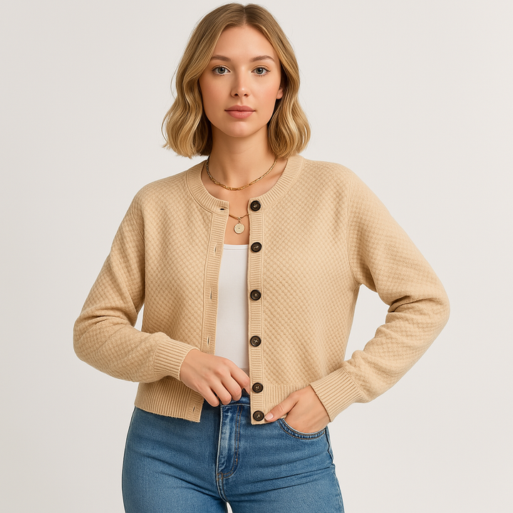 Drune | Strukturierter Button-Cardigan Grau, Schwarz, Aprikose Minimal Chic Stil