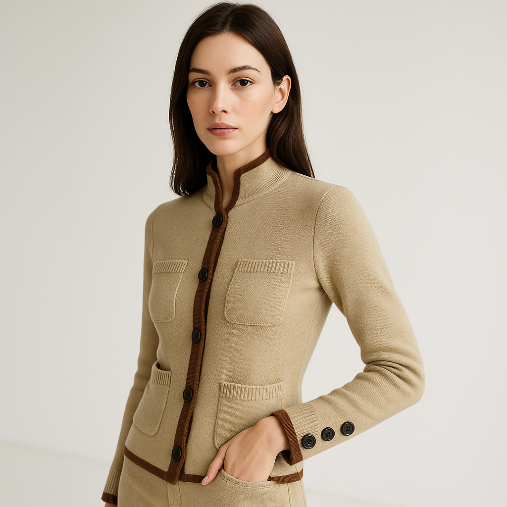 Drune | Cardigan mit Stehkragen, Knopfverschluss, kontrastierenden Details, lässiger Eleganz