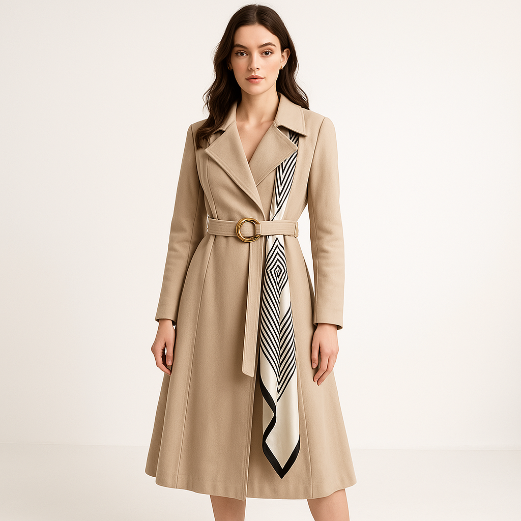 Drune | Trench mit Gürtel und elegantem Schal, schicke, mittellange Schnitt