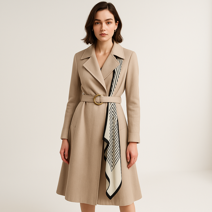 Drune | Trench mit Gürtel und elegantem Schal, schicke, mittellange Schnitt