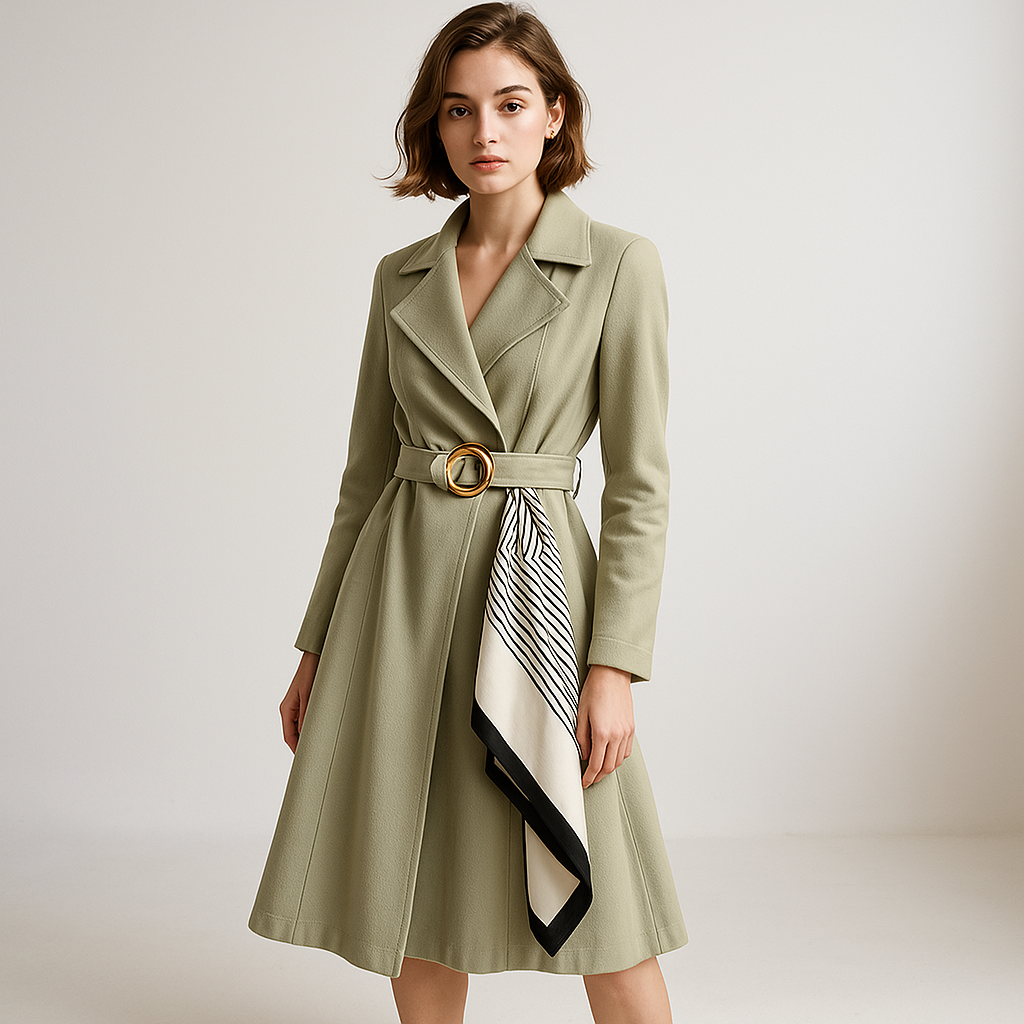 Drune | Trench mit Gürtel und elegantem Schal, schicke, mittellange Schnitt
