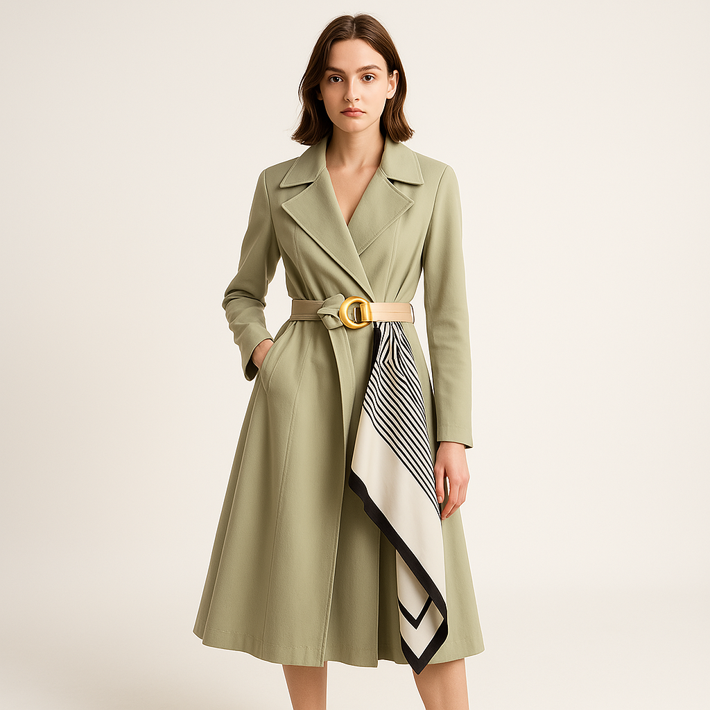 Drune | Trench mit Gürtel und elegantem Schal, schicke, mittellange Schnitt