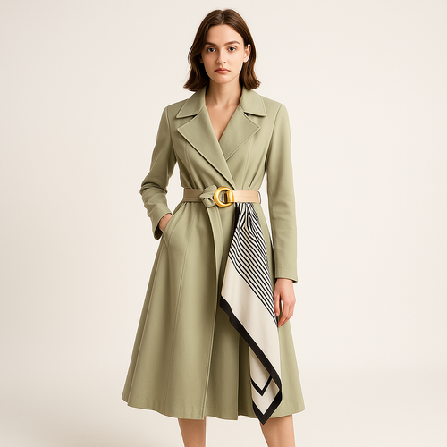 Drune | Trench mit Gürtel und elegantem Schal, schicke, mittellange Schnitt