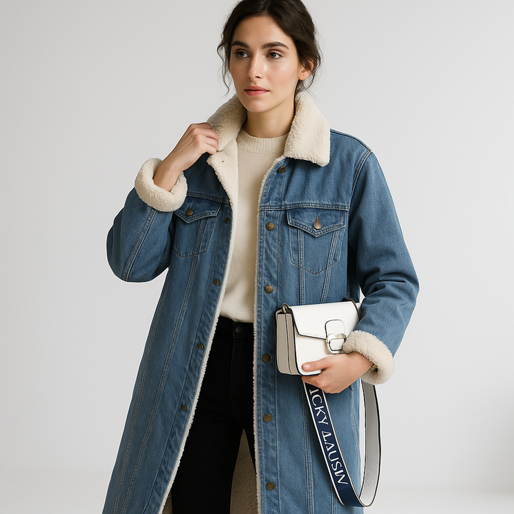 Drune | Langer Jeansmantel aus gewaschenem, doppelt polarisiertem Blau & Fell