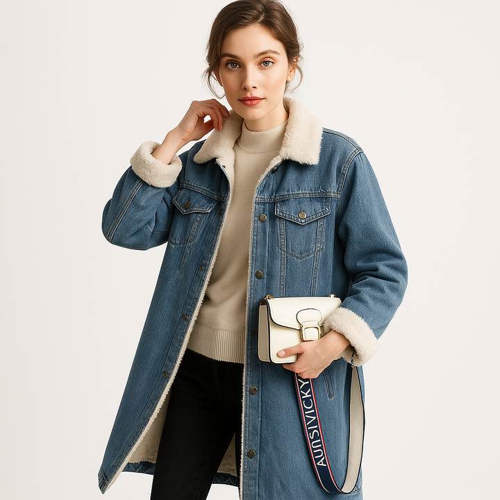 Drune | Langer Jeansmantel aus gewaschenem, doppelt polarisiertem Blau & Fell