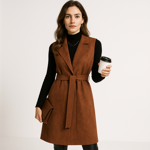 Drune | Langes Damen-Wildledergilet ohne Ärmel mit Gürtel