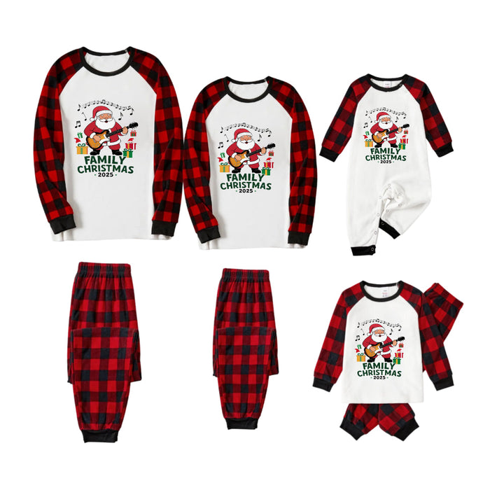 Drune | Rote und schwarze karierte Weihnachts-Pyjama-Set mit Santa und "Familienweihnachten" Druck
