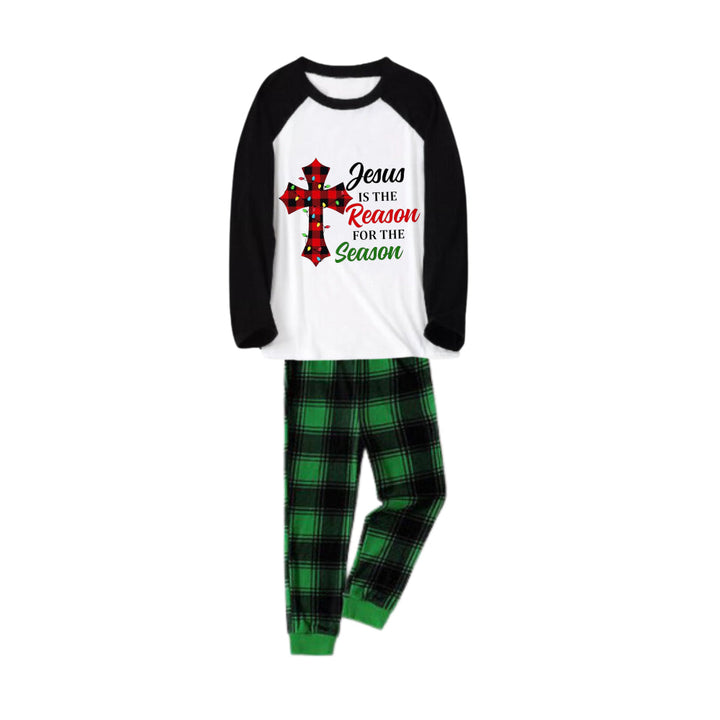 Drune | Schwarz Raglan Oberteil Grünes Karomuster Weihnachts-Pyjama-Set Mit "Jesus Ist Der Grund Für Die Saison" Slogan Druck