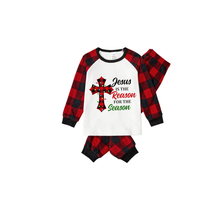 Drune | Rote und schwarze karierte Weihnachts-Pyjama-Set mit dem Slogan-Druck "Jesus ist der Grund für die Saison"