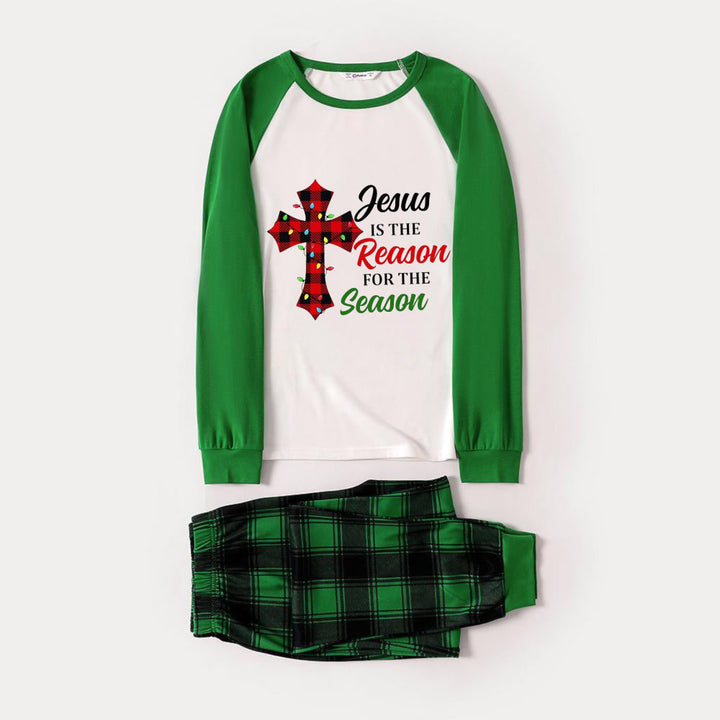 Drune | Grüner Raglan-Top Grün Karierter Weihnachts-Pyjama-Set Mit "Jesus Ist Der Grund Für Die Saison" Slogan Druck
