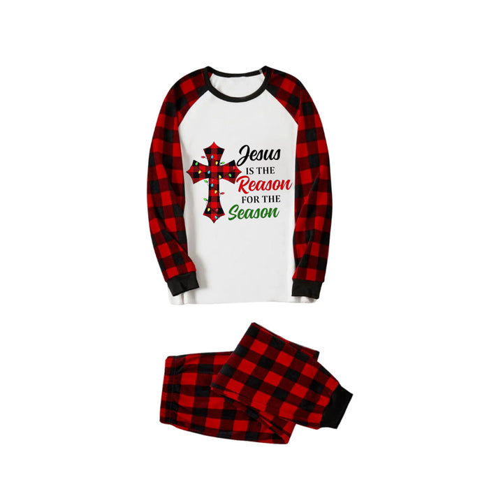 Drune | Rote und schwarze karierte Weihnachts-Pyjama-Set mit dem Slogan-Druck "Jesus ist der Grund für die Saison"