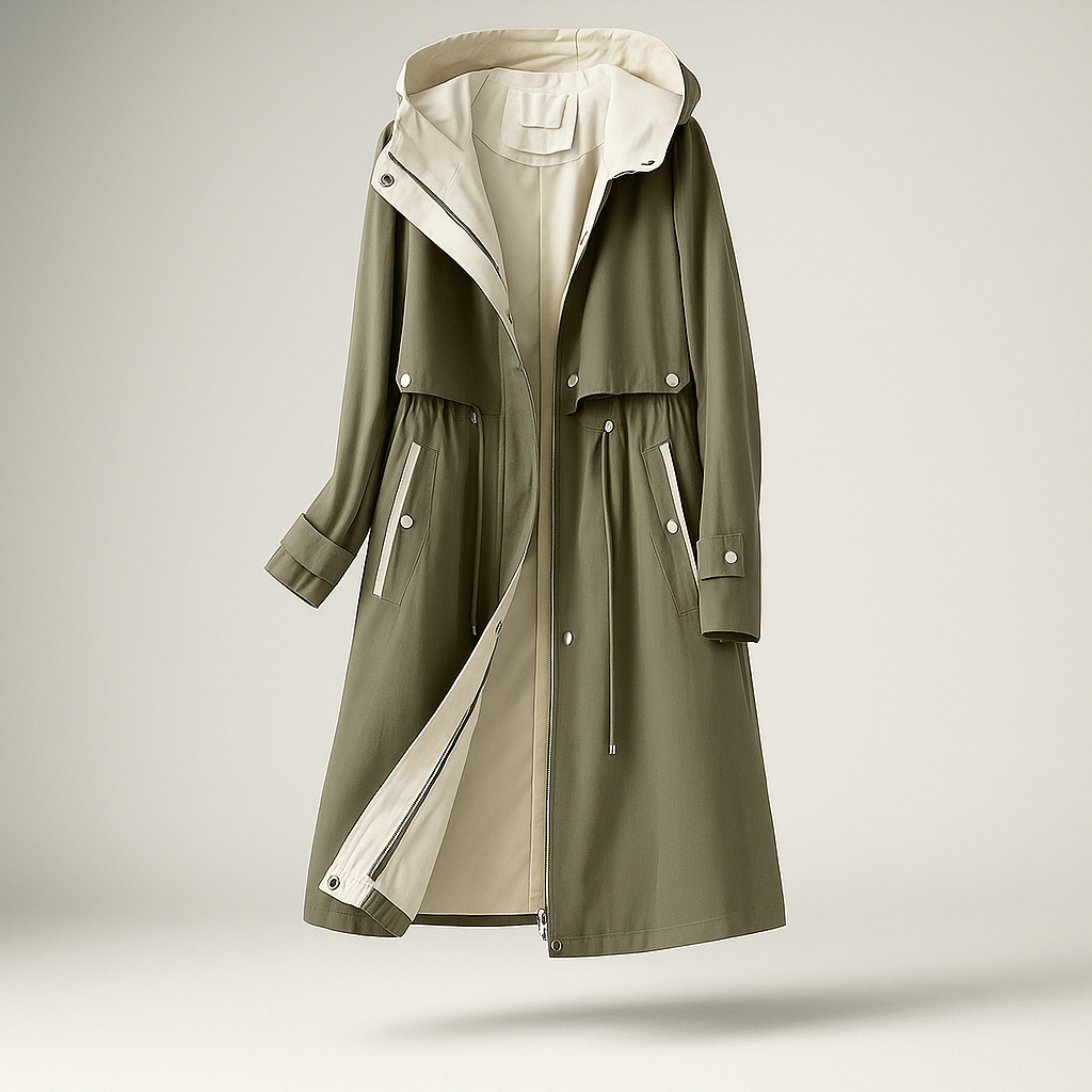 Drune | Langer Trenchcoat für Damen mit verstellbarer Kapuze