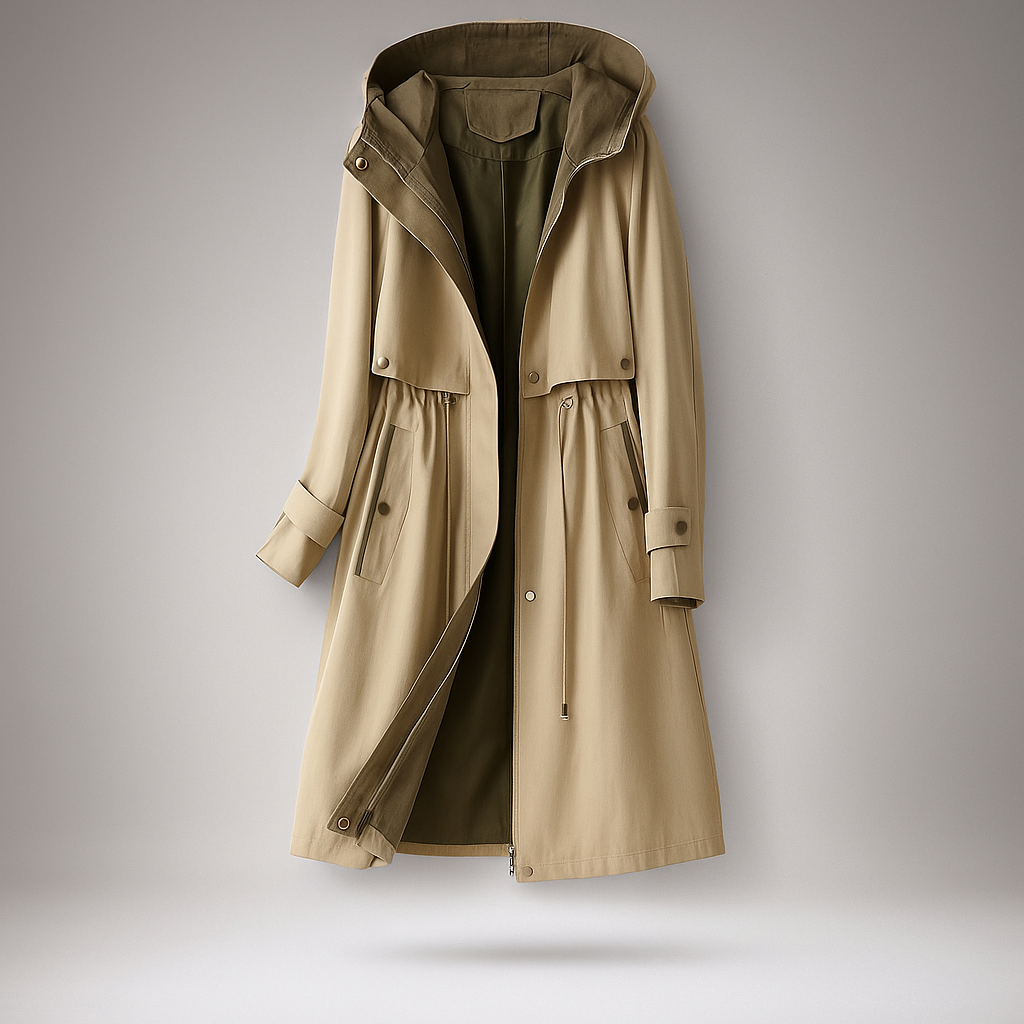 Drune | Langer Trenchcoat für Damen mit verstellbarer Kapuze