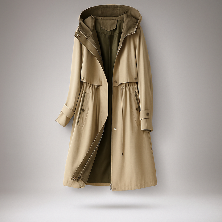 Drune | Langer Trenchcoat für Damen mit verstellbarer Kapuze