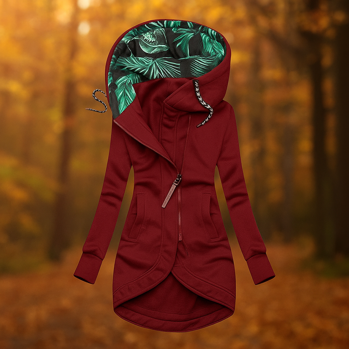 Drune | Lange bedruckte Jacke mit Kapuze und asymmetrischem Design
