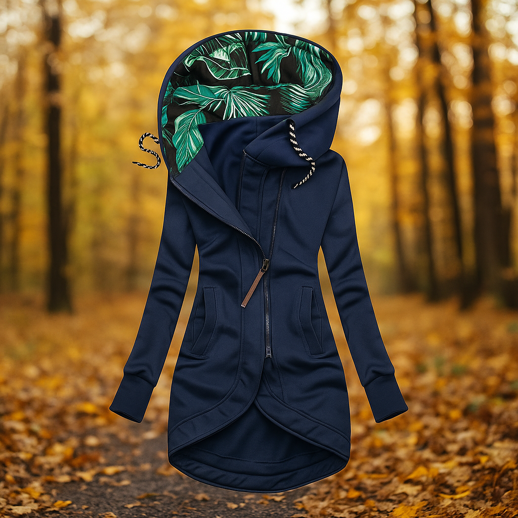 Drune | Lange bedruckte Jacke mit Kapuze und asymmetrischem Design
