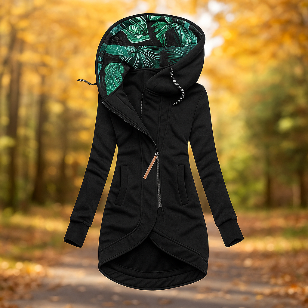 Drune | Lange bedruckte Jacke mit Kapuze und asymmetrischem Design