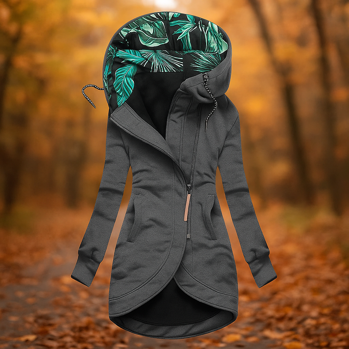 Drune | Lange bedruckte Jacke mit Kapuze und asymmetrischem Design