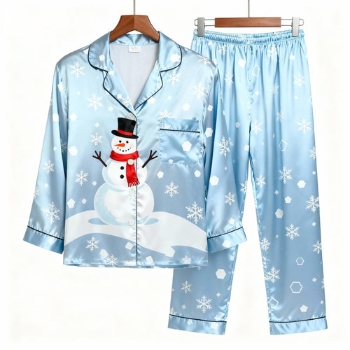 Drune | Holiday Family Button-Up Himmelblau Satin Weihnachten Schlafanzug Set