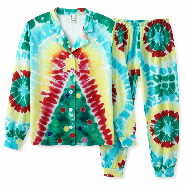 Drune | Urlaubsfamilie Knopfverschluss Grün & Gelb Batik-Weihnachtsschlafanzug Set