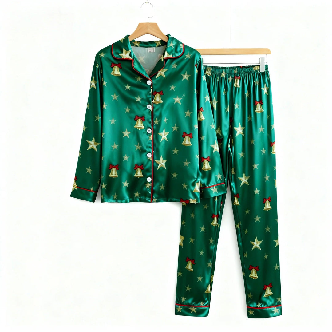 Drune | Feiertagsfamilie Button-Down Grünes Satin Weihnachts-Pyjama-Set