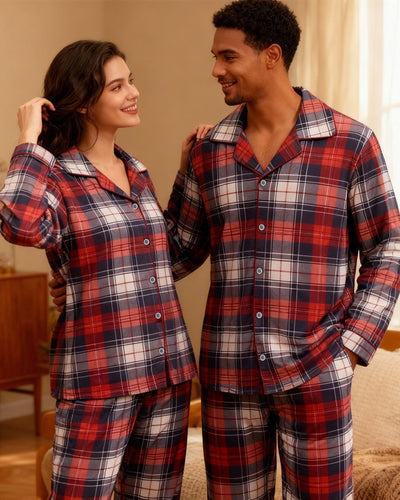 Drune | Gemütliche Button-Front Karomuster Paar Pyjama-Sets für Weihnachten