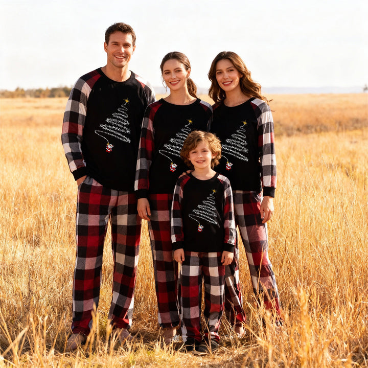 Drune | Weihnachtsmann-Print-Muster Freizeit Langarm-Sweatshirts Kontrast-Oberteile und rot & schwarz & weiß kariert Hose Familie passende Pyjama-Set mit Haustier-Bandana