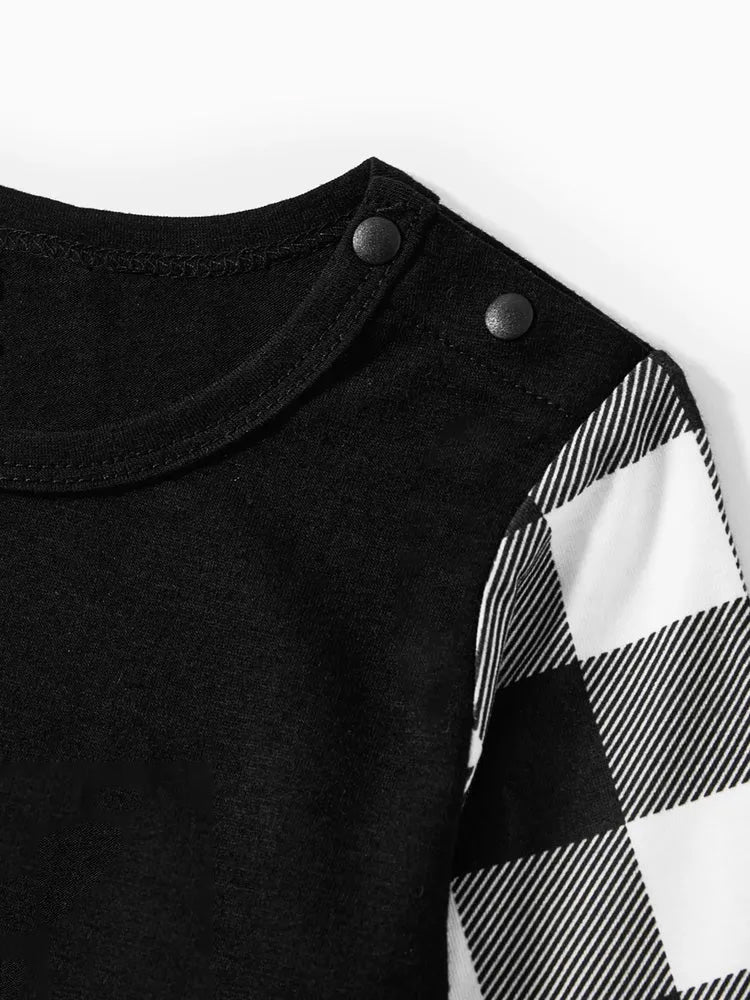 Drune | 2025 Weihnachts Crew Gemeinsam Erinnerungen Schaffen Textdruck Schwarzes Langarmshirt mit Schwarz-weissem Karohosen Familienpassende Pyjamas