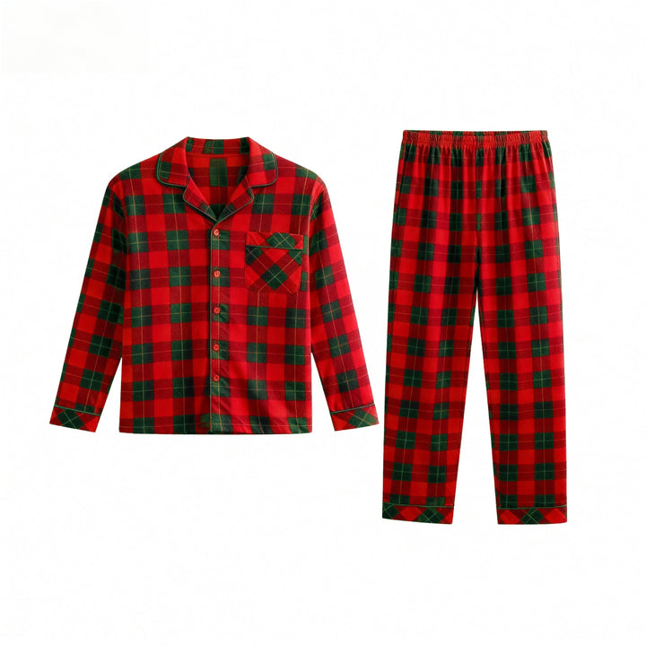 Drune | Weihnachts-Paar passende rote und grüne karierte Langarm-Pyjama-Sets