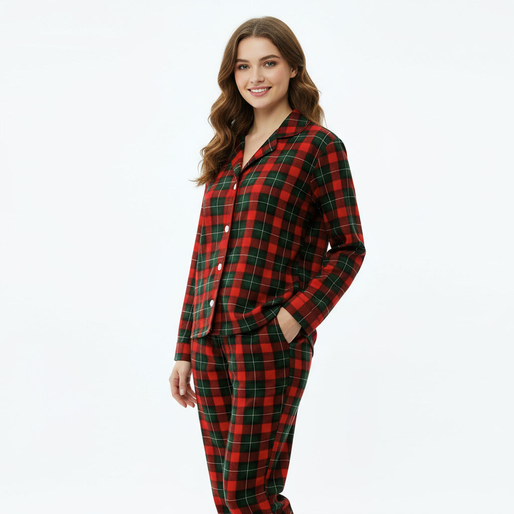Drune | Weihnachtsrot und Grün Karo Knopfverschluss Familien Pyjama Sets