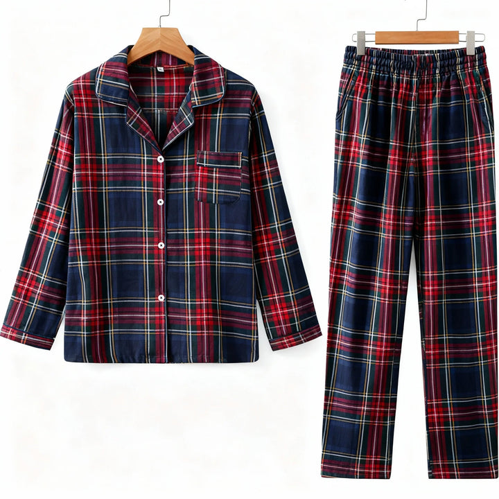 Drune | Familien passende Ferien Schlafanzug Rot Blau Karomuster Lange Ärmel Pyjama Set