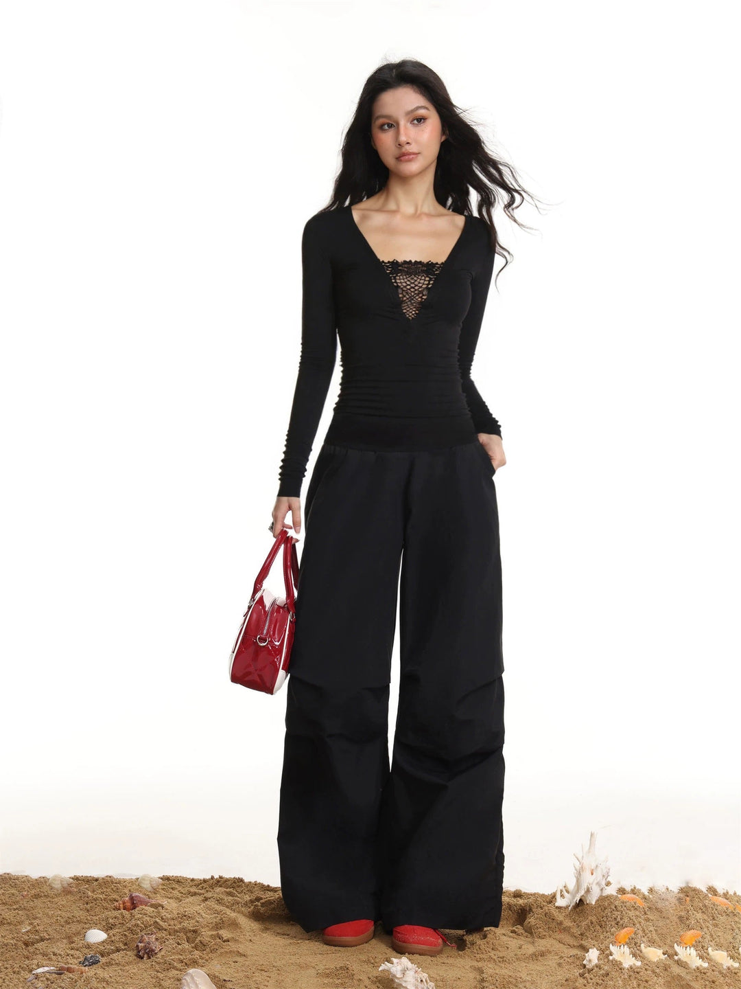 Damen Spitzen Langarm Unterhemd Slim Fit Schwarz