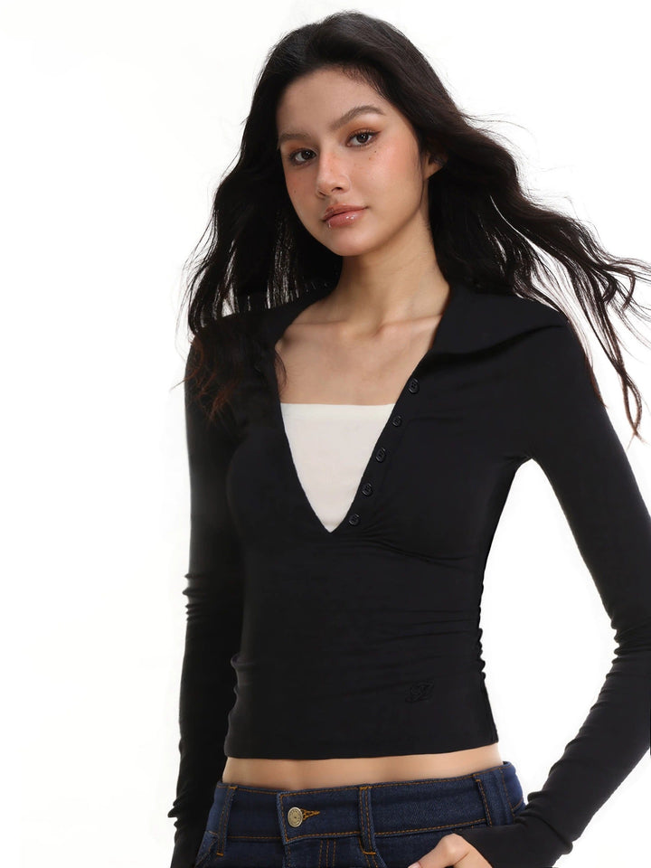 Damen V-Ausschnitt Fake Zweiteiler Langarm Top Schwarz
