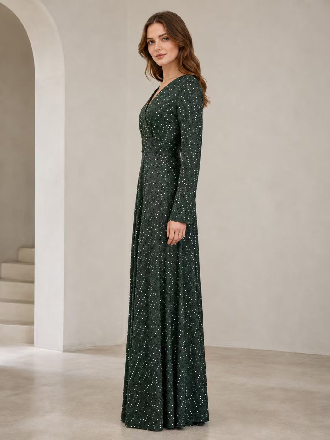 Damen Maxikleid mit elegantem V-Ausschnitt und schwingenden Ärmeln Drune