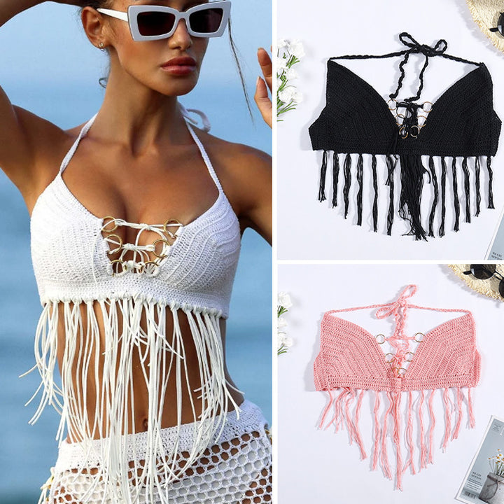 Damen Häkel-Bikini-Oberteil mit Fransen und dekorativen Ringen Drune