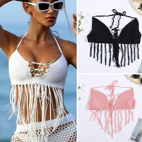 Damen Häkel-Bikini-Oberteil mit Fransen und dekorativen Ringen Drune