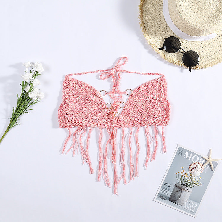 Damen Häkel-Bikini-Oberteil mit Fransen und dekorativen Ringen Drune