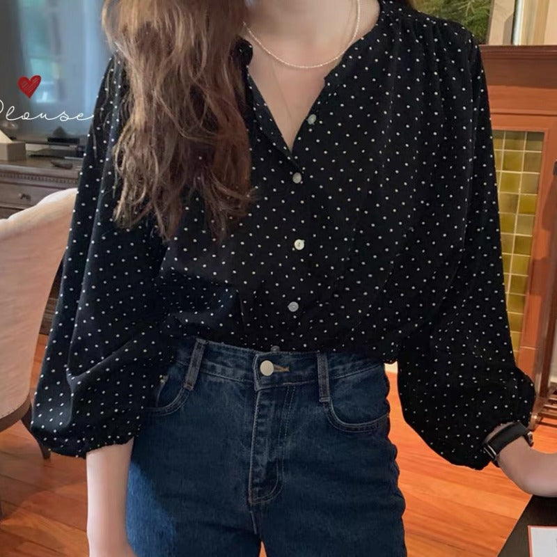 Damen Bluse mit Puffärmeln und Dots-Design Drune