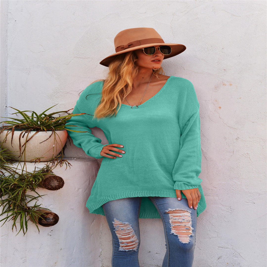 Damen lässiger Strickpullover mit tiefem V-Ausschnitt und langen Ärmeln Drune