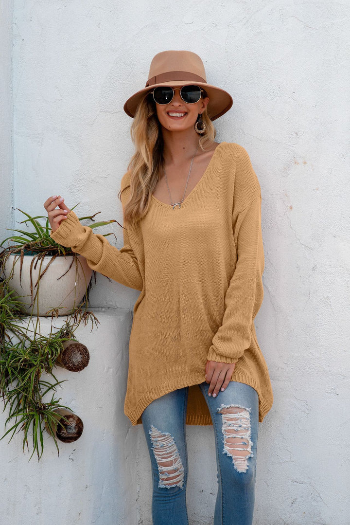Damen lässiger Strickpullover mit tiefem V-Ausschnitt und langen Ärmeln Drune