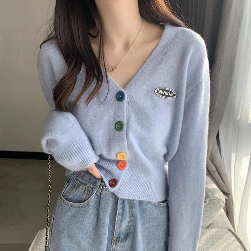 Damen Strickjacke mit bunten Knöpfen und V-Ausschnitt Drune