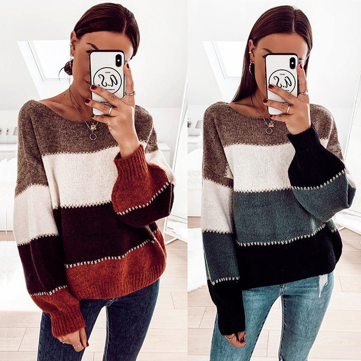 Damen Großer Strickpullover mit breitem Rundhalsausschnitt und kontrastierenden Blockstreifen Drune