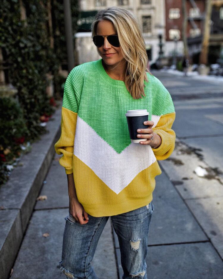 Damen trendiger Pullover mit grafischem Chevron-Muster Drune