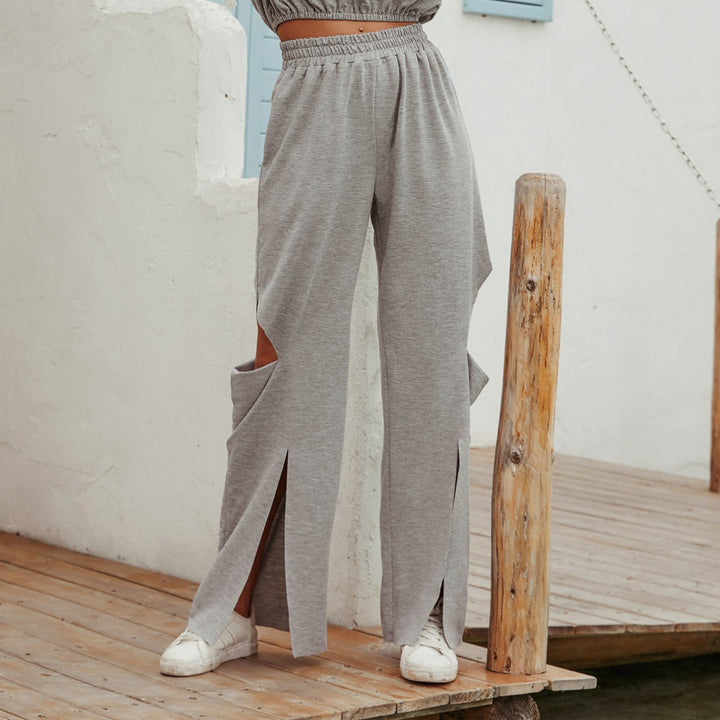Damen lässige High-Waist Freizeithose mit modischen Schlitzen Drune