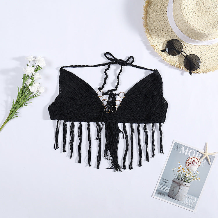 Damen Häkel-Bikini-Oberteil mit Fransen und dekorativen Ringen Drune