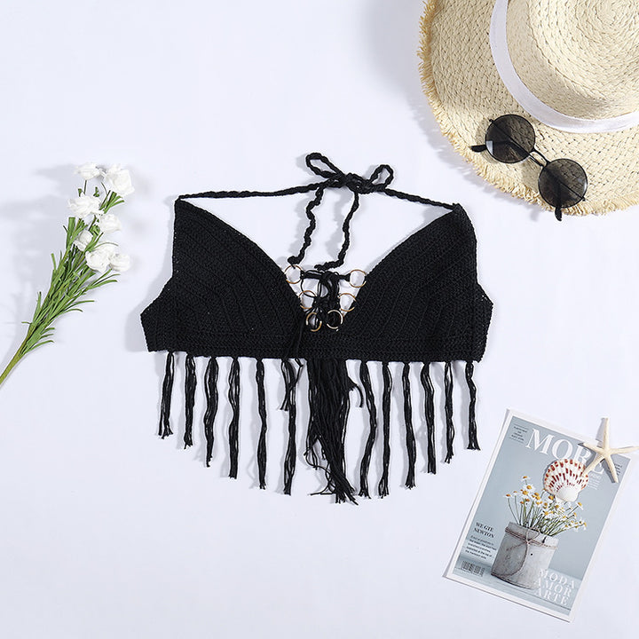 Damen Häkel-Bikini-Oberteil mit Fransen und dekorativen Ringen Drune