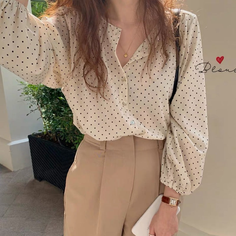 Damen Bluse mit Puffärmeln und Dots-Design Drune